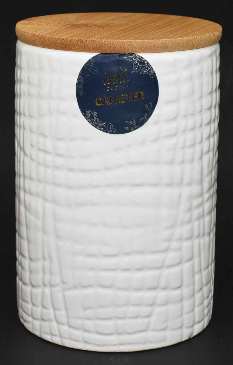 CANSITER, CERAMIC,WHITE, MAT BAMBOO LID, 4X4X6